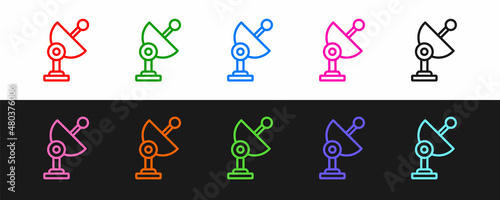 Set line Radar icon isolated on black and white background. Search system. Satellite sign. Vector