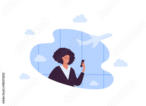 Business travel concept. Vector flat people illustration. African businesswoman hold smartphone on airport terminal window with plane background.