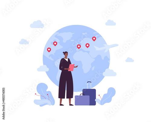 Global business travel concept. Vector flat people illustration. African businesswoman hold tablet with pen and baggage on planet earth with map pin background.