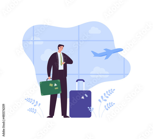 Business travel concept. Vector flat people illustration. Businessman wait, watch clock and hold suitcase on airport terminal window with plane background.