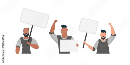 The boy is holding an empty banner in his hands. With space for your text. Rally or protest concept. Cartoon style, vector illustration.