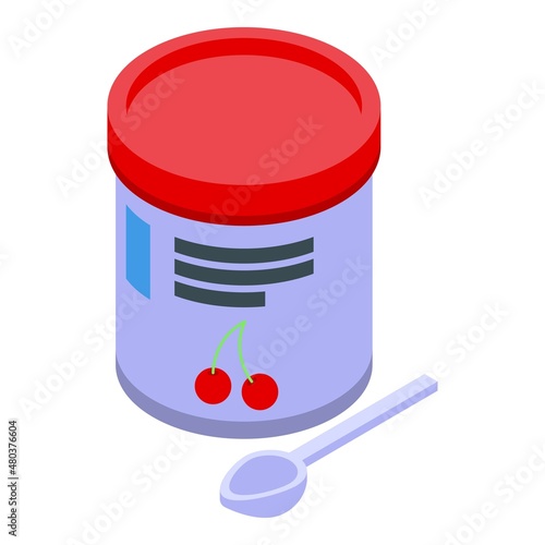 Baby fruit food jar icon isometric vector. Puree cherry