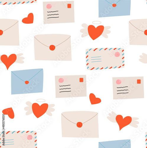 Seamless pattern with envelopes, mail, postmarks, postcards and hearts. Valentine's day vector background