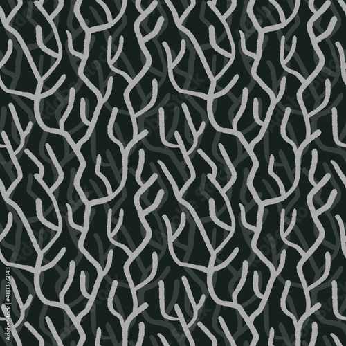 Seamless pattern of white branches on a black background. Hand-drawn botanical ornament. Fashionable design of background, template, fabric, textile, wallpaper, cover, packaging.