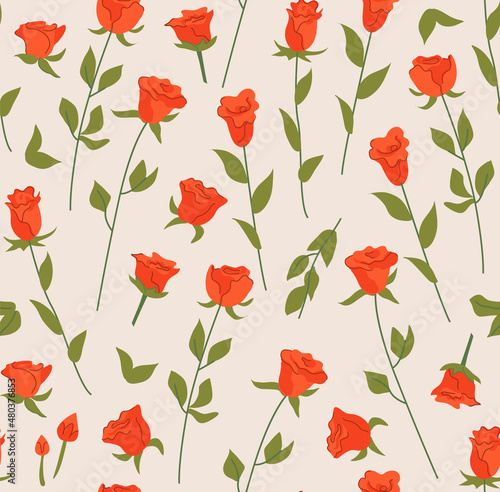 Seamless pattern with red roses. Flowers and leaves vector background. Valentine s day. 