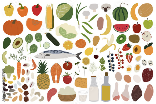 Fototapeta Naklejka Na Ścianę i Meble -  Big set with vegetables, fruits, berries, fish, nuts, dairy products, herbs, meat and eggs. Vector illustration.