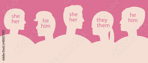 People with text gender pronouns, silhouette vector stock illustration with Men, women, transgender people and other gender
