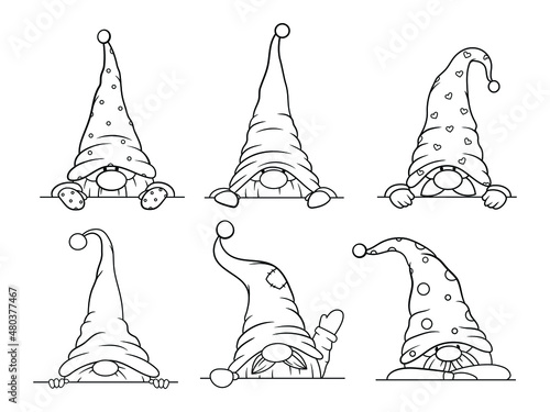 Set of little garden gnomes. Collection of cute peeking holiday gnomes with hats. Vector illustration for New Year postcard. Drawing for children.