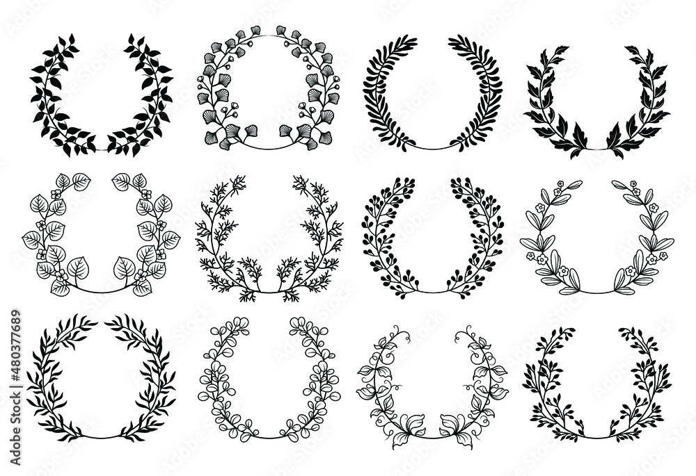 Obraz premium Set of laurel wreath. Collection of floral frame with leaves. Design for wedding invitation. Decorative natural elements. Vector illustration of laurel branches on white background.