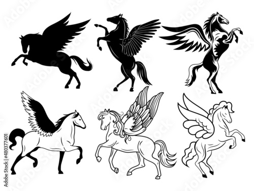 Set of flying pegasus with wings. Collection of mythological horse. Fantastic character. Mythical creature. Vector illustration isolated on white background.