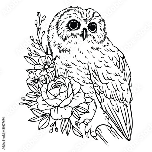 Illustration of an owl on a branch. Nocturnal animal. Bird with a floral wreath. The symbol of wisdom. Fauna.