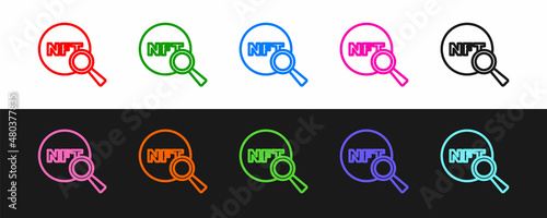 Set line Search NFT icon isolated on black and white background. Non fungible token. Digital crypto art concept. Vector