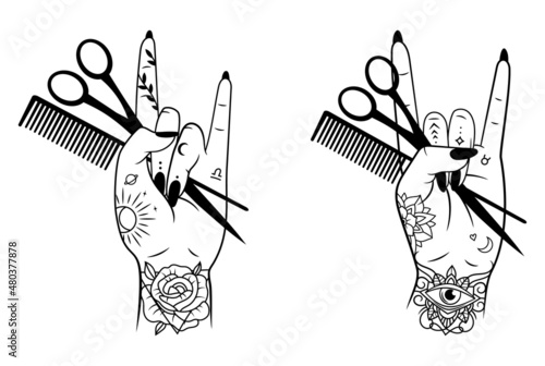 Set of female hand with hairdressing tools. Collection of stylists hand with scissors. Logo for beauty salon. Tattoo.  Horn sign. Vector illustration of emblem of hairdresser wrist.
