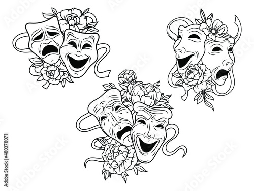 Set of flower tragedy and comedy theater masks. Collection of theatrical masks with floral wreath. Design for clothes or postcard. Vector illustration of carnival masks. Botanical. Tattoo. photo