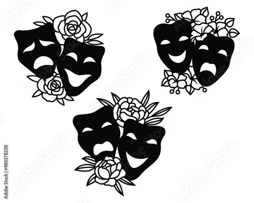Set of flower tragedy and comedy theater masks. Collection of theatrical masks with floral wreath. Design for clothes or postcard. Vector illustration of carnival masks. Botanical. Tattoo.