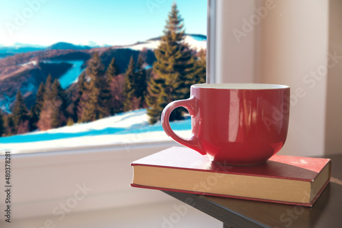 Winter background - cup with candy cane, woolen scarf and gloves on windowsill and winter scene outdoors. Still life with concept of spending winter time at cozy home with cold weather outdoors