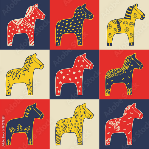 Dala horses set. Hand drawn sketch traditional colors Swedish Dalarna horse scandinavian style simple pattern for cards, tourism related design photo