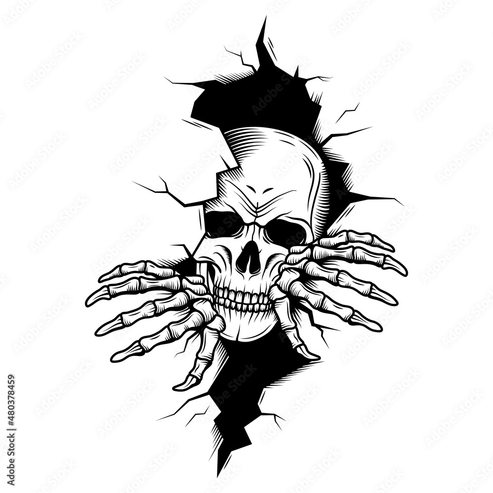 Illustration of a skull tearing out of the wall. Skeleton breaking through wall. Human skull  through the hole. Halloween decor.  - obrazy, fototapety, plakaty 