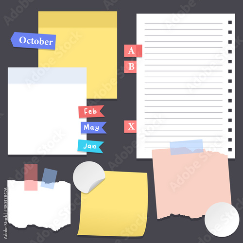 Set of different vector note papers. Vector torn paper pieces, blank squared and lined notepad pages pieces and design elements for attaching paper: pins, scotch tape and paper clip set, isolated, vec