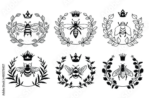 Set of laurel bee wreath. Collection of floral bumblebee with crown. Bee kind. Design of invitations. Circle nature frame with honey insect. Vector illustration of bee crest.