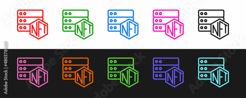 Set line NFT blockchain technology icon isolated on black and white background. Non fungible token. Digital crypto art concept. Vector
