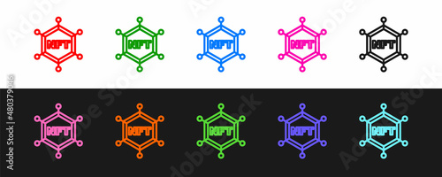 Set line NFT blockchain technology icon isolated on black and white background. Non fungible token. Digital crypto art concept. Vector