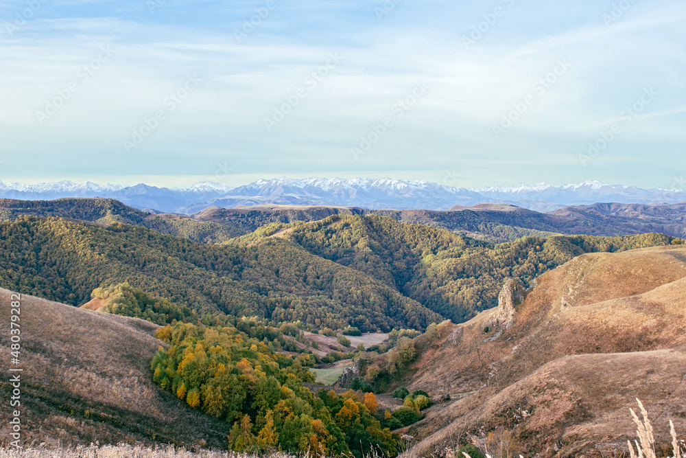 Obraz premium Mountains and forests near the Gumbashi Pass