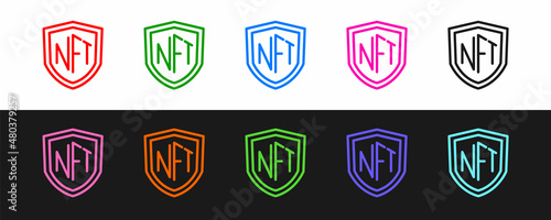 Set line NFT shield icon isolated on black and white background. Non fungible token. Digital crypto art concept. Vector