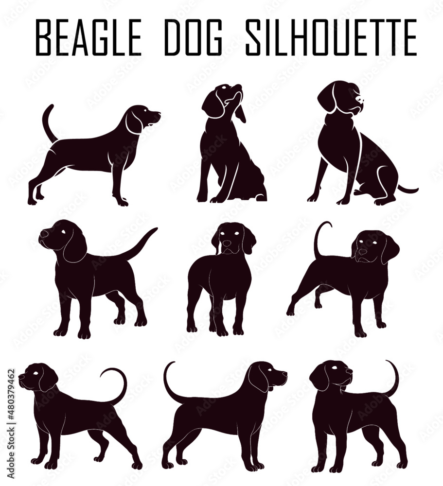 09 Beagle dog animal silhouette, Dog breeds silhouette, Animal silhouette symbol, Vector dog breeds silhouettes set 07