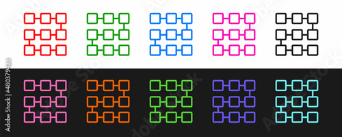 Set line NFT blockchain technology icon isolated on black and white background. Non fungible token. Digital crypto art concept. Vector