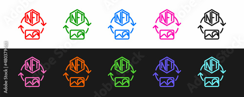 Set line NFT Digital crypto art icon isolated on black and white background. Non fungible token. Vector