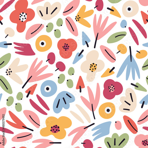 Cute floral vector seamless pattern. Abstract pink valentine flowers, plants, berries, herbs isolated on white background. Festive bright multicolored wrapping paper design