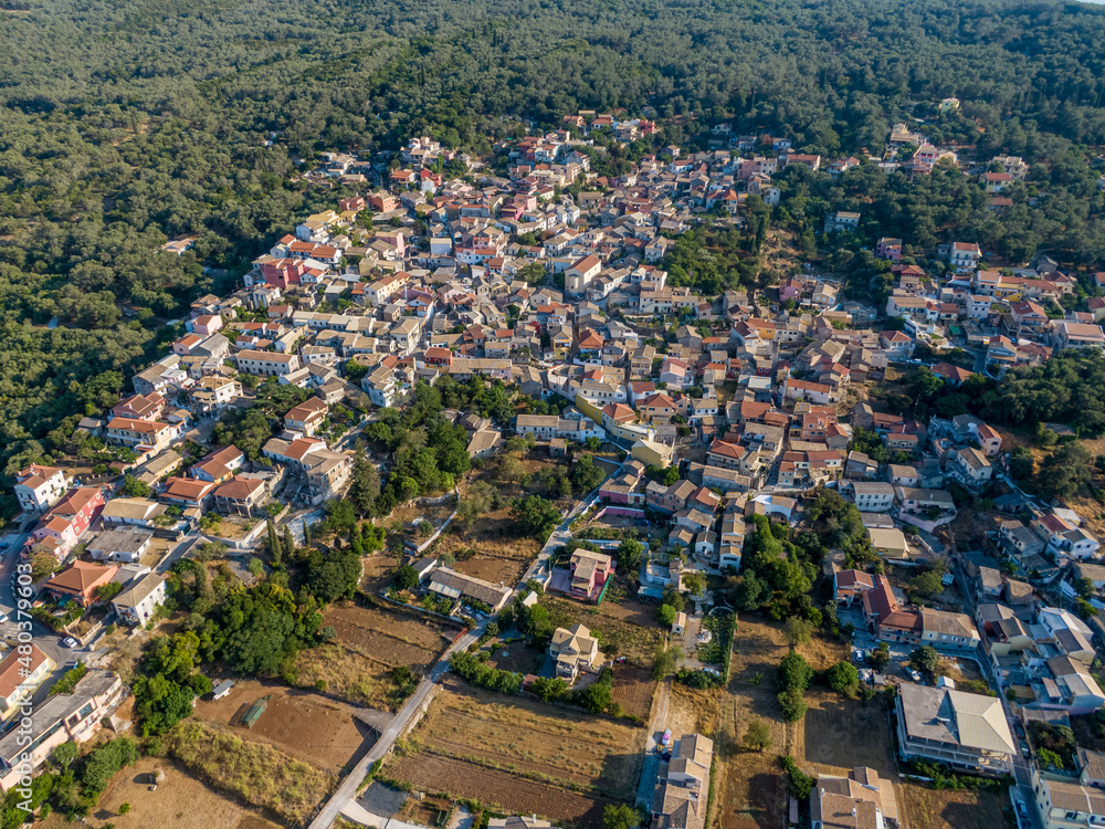 aerial droe view  of Liapades village in corfu island greece