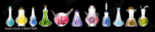 Set of magic potion icons with magic crystals inside isolated on a black background. Horizontal vector illustration of mystical jars and dishes for practicing alchemy in a cartoon realistic style.