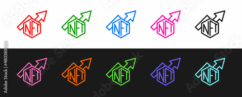 Set line NFT growth bar chart icon isolated on black and white background. Non fungible token. Digital crypto art concept. Vector