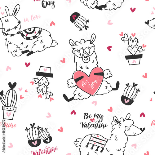 Seamless pattern with cute Valentine's day llamas.