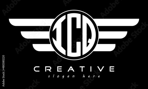 ICQ three letter monogram type circle letter logo with wings vector template.