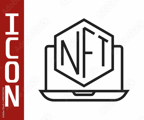 Black line Laptop with art store app icon isolated on white background. Technology of selling NFT tokens for cryptocurrency. Non fungible token concept. Vector