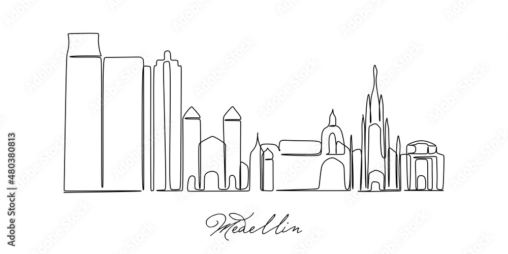 Naklejka premium Single continuous line drawing of Medellin skyline, Colombia. Famous city scraper landscape. World travel home wall decor art poster print concept. Modern one line draw design vector illustration