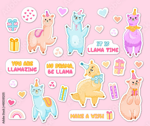 Fototapeta Naklejka Na Ścianę i Meble -  Funny llama birthday party sticker set. Vector clipart with alpaca, rainbow, hearts, positive phrase, gifts. Cute animal collection for children, print, party, greetings.