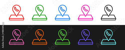 Set line Map pointer with telephone or communication icon isolated on black and white background. Call center location. Vector