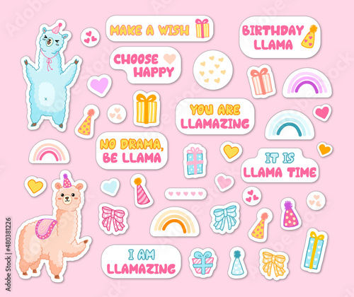 Sticker set with cartoon llama birthday party. Vector clipart with alpaca, rainbow, hearts, positive phrase, gifts. Cute animal collection for children, print, party, greetings.