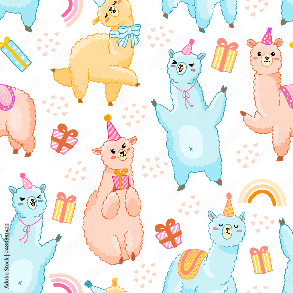 Obraz premium Birthday llama seamless vector pattern. Cute alpaca with gifts, hearts and rainbow for wrapping paper, celebrate and decorate birthday party, kids fabric. Isolated on white.