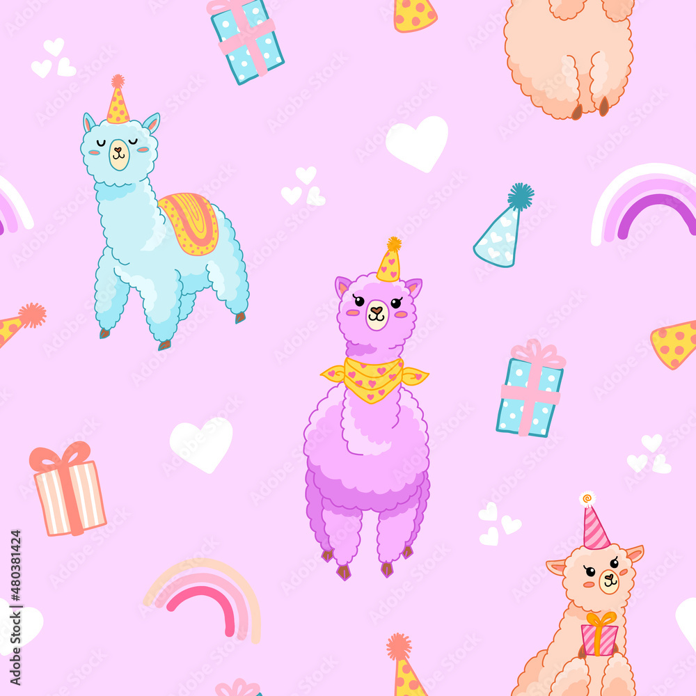 Violet seamless pattern with alpaca and birthday theme. Cute cartoon llama with gifts, hearts and rainbow for wrapping paper, celebrate and decorate birthday party, kids fabric. Purple pattern. Violet seamless pattern with alpaca and birthday theme. Cute cartoon llama with gifts, hearts and rainbow for wrapping paper, celebrate and decorate birthday party, kids fabric. Purple pattern.