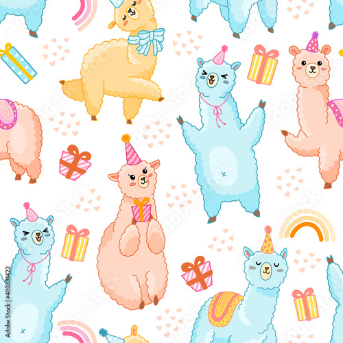 Birthday llama seamless vector pattern. Cute alpaca with gifts  hearts and rainbow for wrapping paper  celebrate and decorate birthday party  kids fabric. Isolated on white.