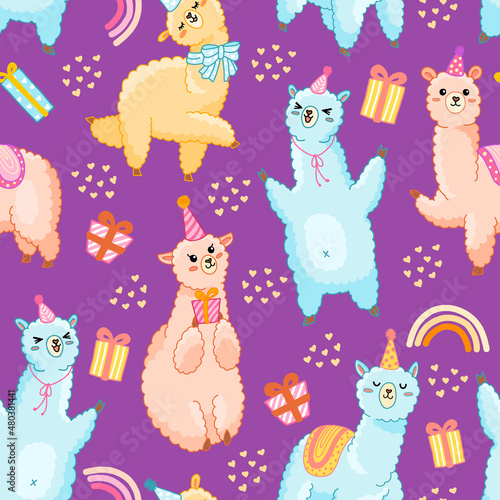 Party llama purple seamless vector pattern. Cute pink and blue alpaca with gifts, hearts and rainbow for wrapping paper, celebrate and decorate birthday party, kids fabric.