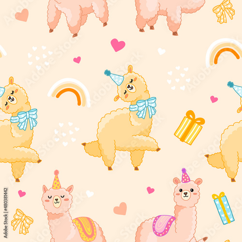 Cute positive cartoon llama seamless vector pattern. Cute alpaca with gifts, hearts and rainbow for wrapping paper, celebrate and decorate birthday party, kids fabric.