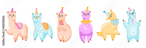 Set of cute funny llama in party hat. Cheerful kawaii alpaca collection for children. Cartoon animal vector isolated clipart for print, decoration nursery, kids birthday party.