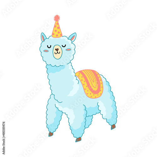 Party cartoon llama in clothes illustration. Funny childish alpaca isolated vector for stickers, nurcery, gifts, print. Kawaii little llama.