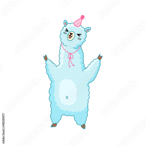 Cute happy cartoon llama illustration. Funny childish alpaca isolated vector for stickers, nurcery, gifts, print. Kawaii little llama.